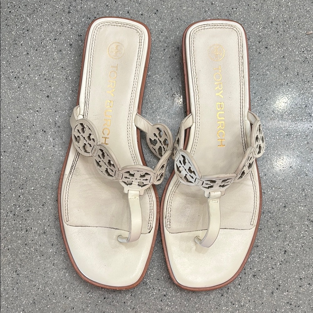 Tory Burch Brown and White Sandals with Chain Detail